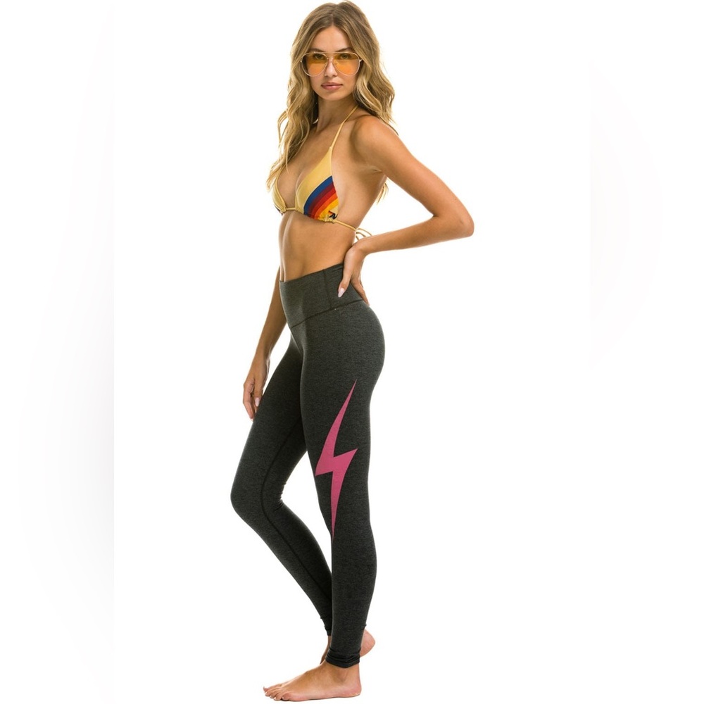 Aviator Nation Charcoal High-Waist Leggings with Pink Bolt